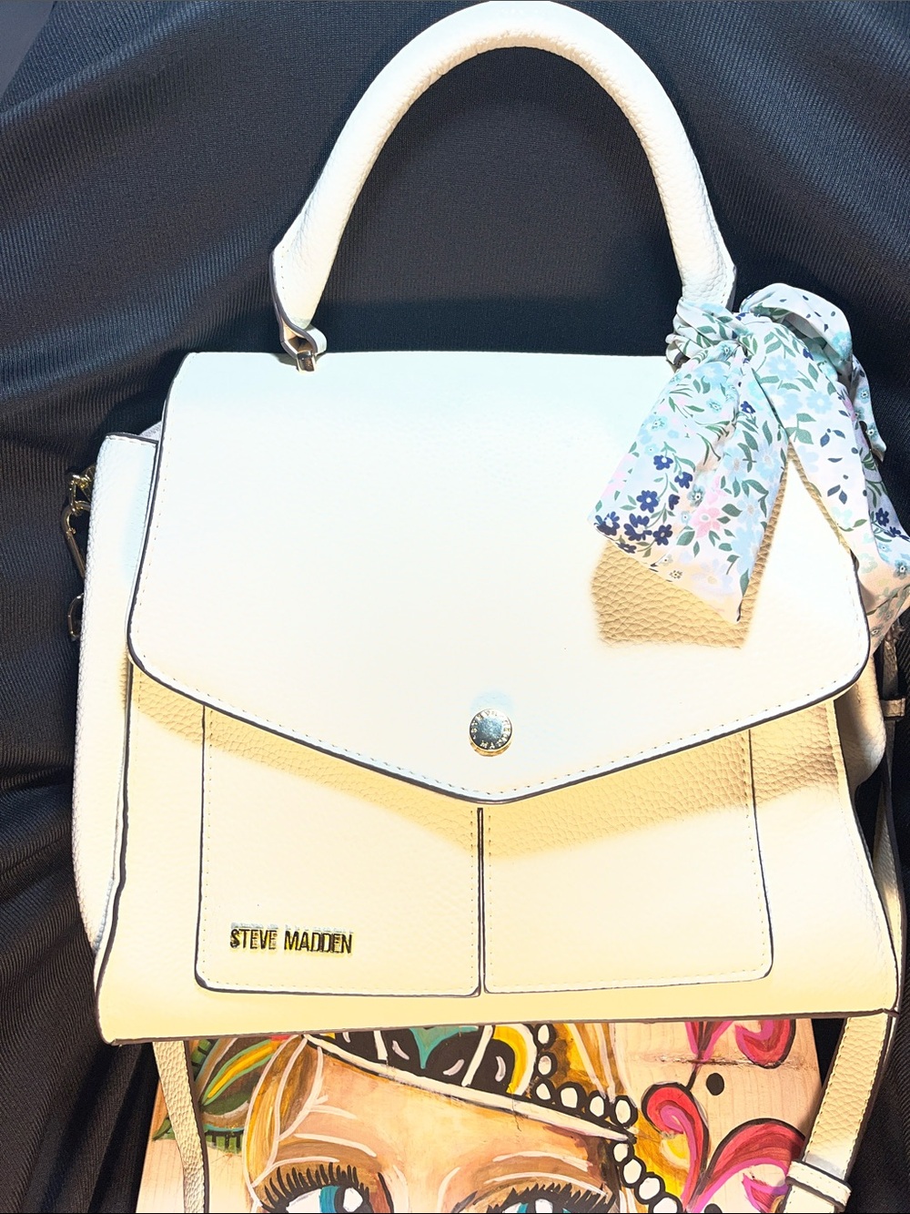 Steve Madden White Top-Handle Satchel with Floral Accent Scarf